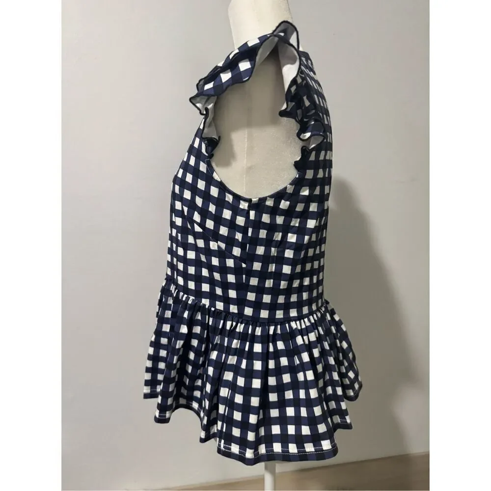 Kate Spade blue white gingham peplum blouse flutter sleeve M